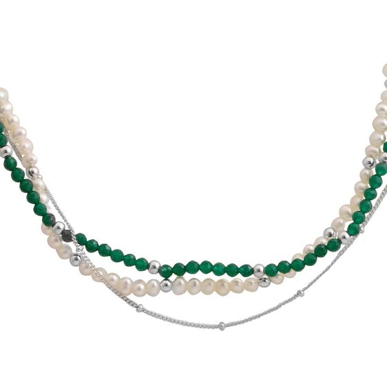 Серебряное колье с жемчугом барочным, зеленим жадеїдом