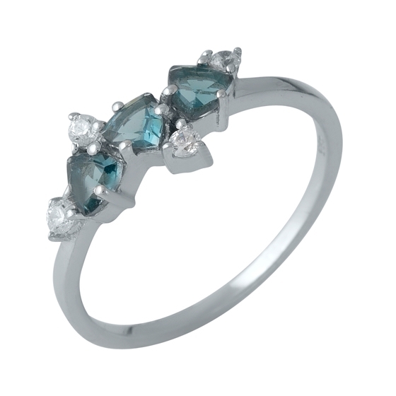 Серебряное кольцо с топазом Лондон Блю 0.733ct, фианитами