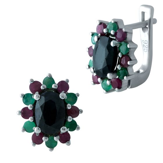 Серебряные серьги с изумрудом 2.608ct, сапфиром, рубином