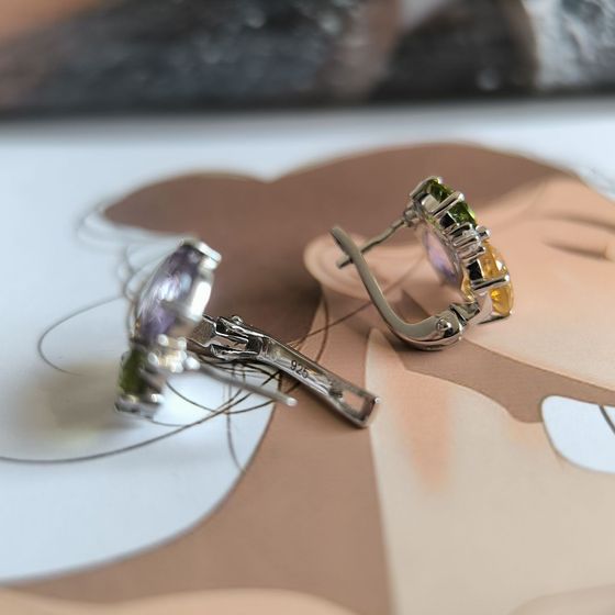 Серебряные серьги с аметистом 6.621ct, цитрином, хризолітом
