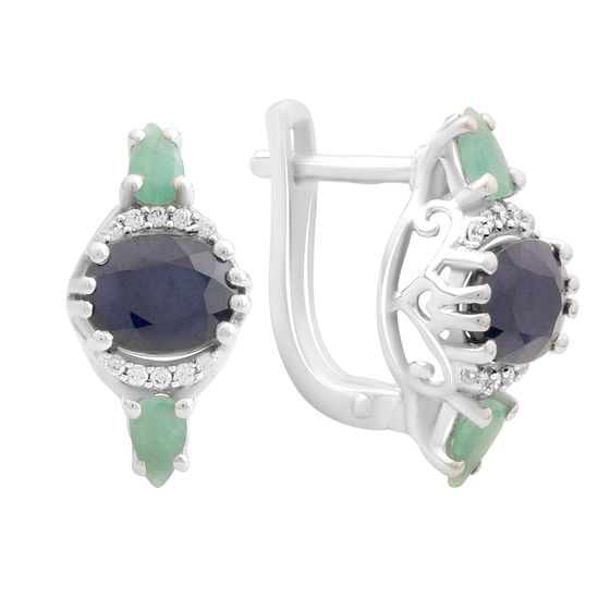 Серебряные серьги с сапфиром 4.337ct, изумрудом, фианитами