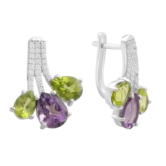 Серебряные серьги с аметистом, хризолітом