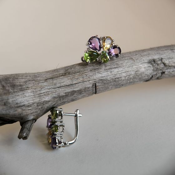 Серебряные серьги с аметистом, хризолітом, цитрином