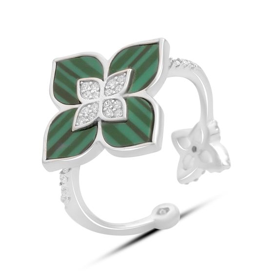 Серебряное кольцо с малахитом, фианитами