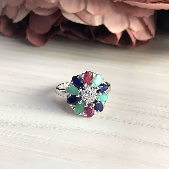Серебряное кольцо с сапфиром 3.37ct, изумрудом, рубином