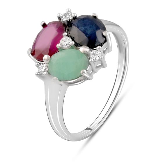 Серебряное кольцо с сапфиром 4.367ct, изумрудом, рубином