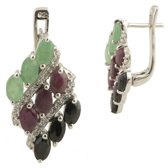 Серебряные серьги с изумрудом 4.812ct, сапфиром, рубином