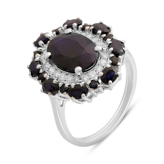 Серебряное кольцо с сапфиром, фианитами