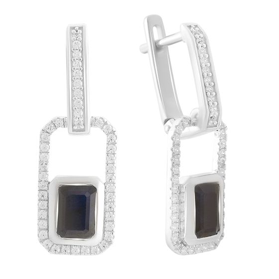 Серебряные серьги с сапфиром 3.321ct, фианитами