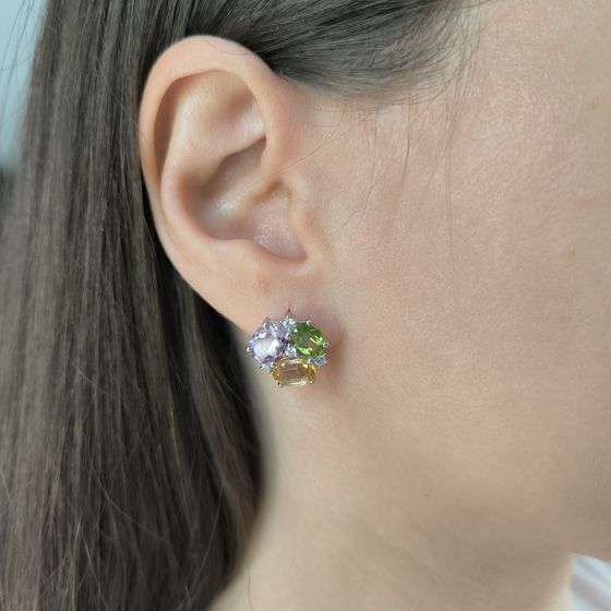 Серебряные серьги с аметистом, цитрином, хризолітом