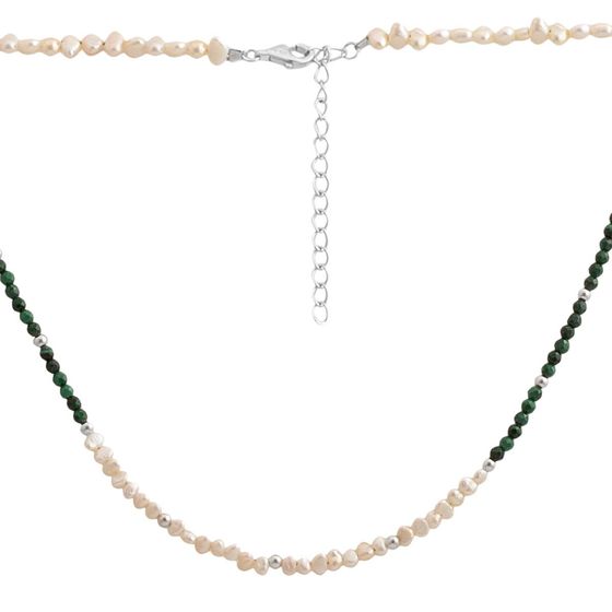 Серебряное колье с жемчугом барочным, зеленим жадеїдом
