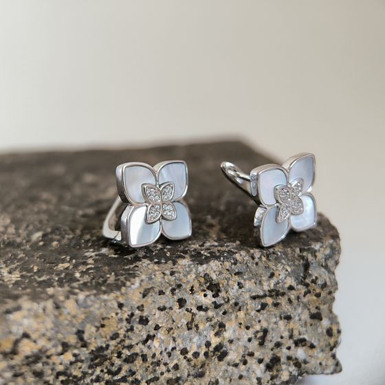 Серебряные серьги с перламутром, фианитами