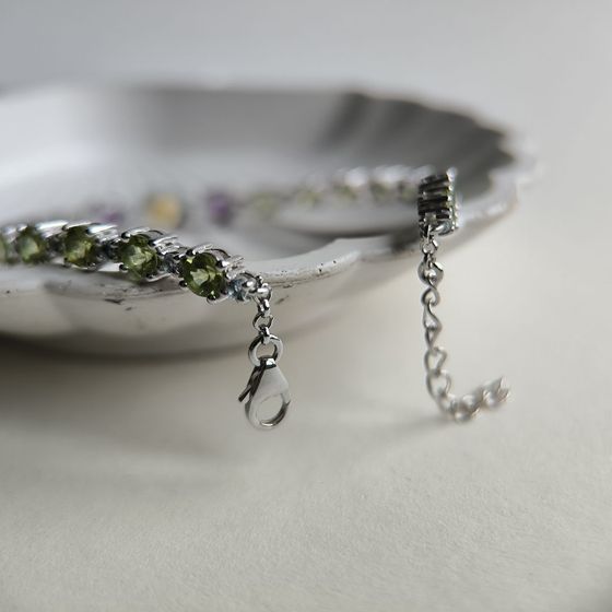 Серебряный браслет с аметистом, цитрином, хризолітом, топазом