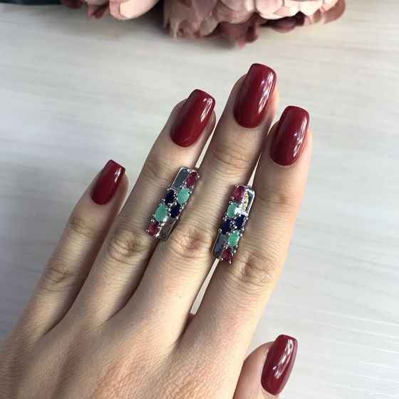 Серебряные серьги с изумрудом, рубином, сапфиром