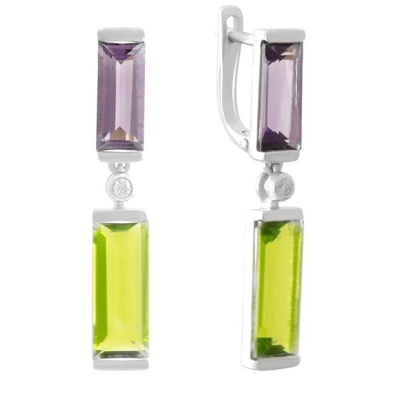 Серебряные серьги с аметистом, хризолітом, фианитами