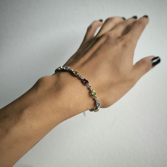 Серебряный браслет с аметистом, цитрином, хризолітом, топазом, фианитами