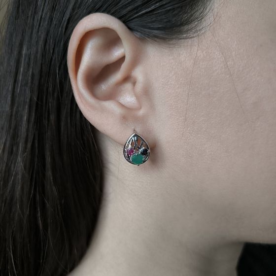 Серебряные серьги с сапфиром 4.05ct, изумрудом, рубином