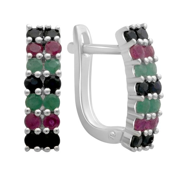 Серебряные серьги с сапфиром 4.05ct, изумрудом, рубином