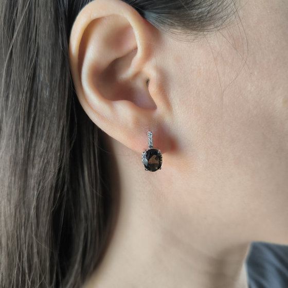 Серебряные серьги с раухтопазом (дымчатым кварцем) 3.725ct, фианитами