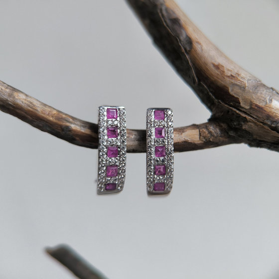 Серебряные серьги с рубином 1.455ct, фианитами