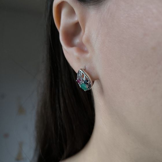 Серебряные серьги с сапфиром 4.05ct, изумрудом, рубином