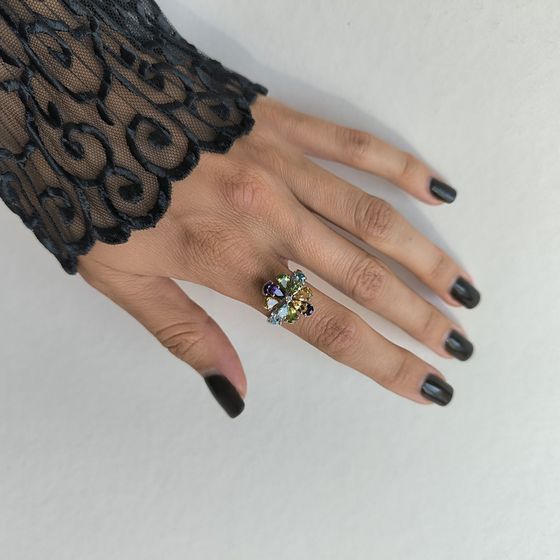Серебряное кольцо с аметистом 4.128ct, цитрином, хризолітом, топазом