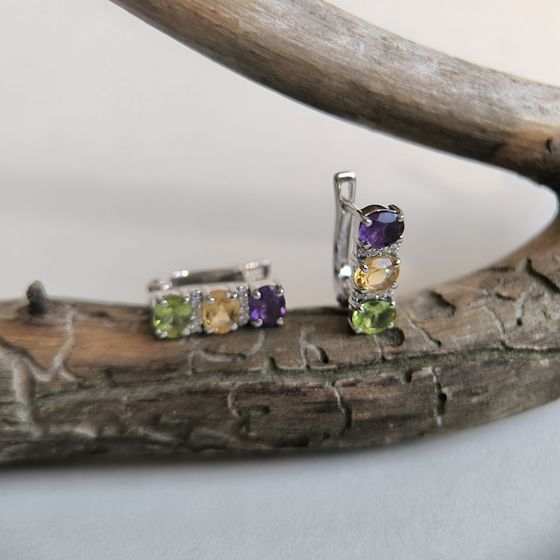 Серебряные серьги с аметистом 2.352ct, цитрином, хризолітом