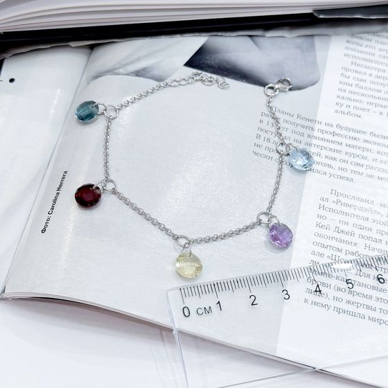 Серебряный браслет с аметистом 9.381ct, гранатом, зеленим кварцем, топазом Лондон Блю, топазом