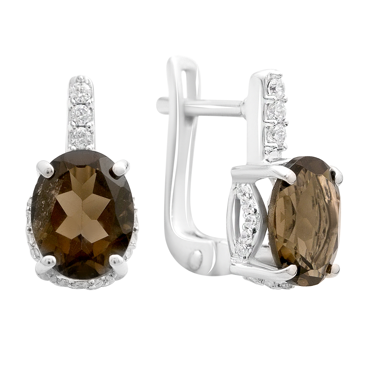 Серебряные серьги с раухтопазом (дымчатым кварцем) 3.725ct, фианитами