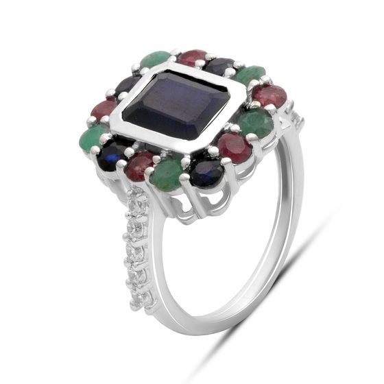 Серебряное кольцо с сапфиром 1.917ct, изумрудом, рубином