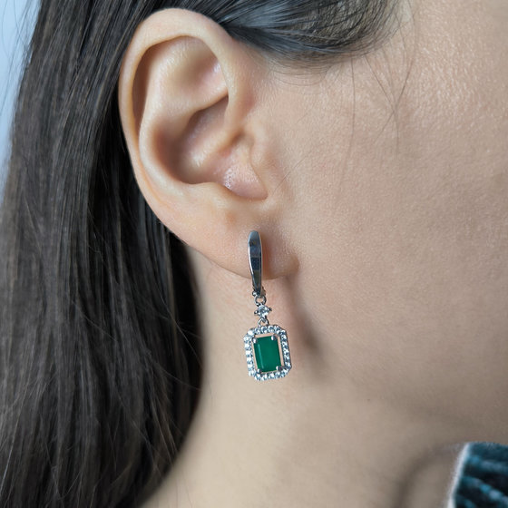 Серебряные серьги с агатом 3.036ct, фианитами