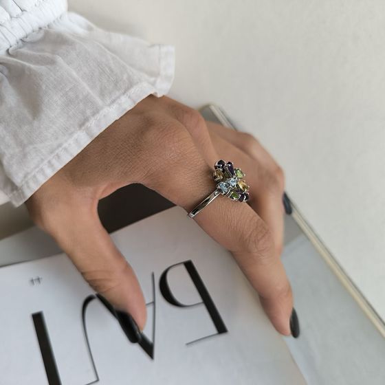 Серебряное кольцо с аметистом 4.128ct, цитрином, хризолітом, топазом