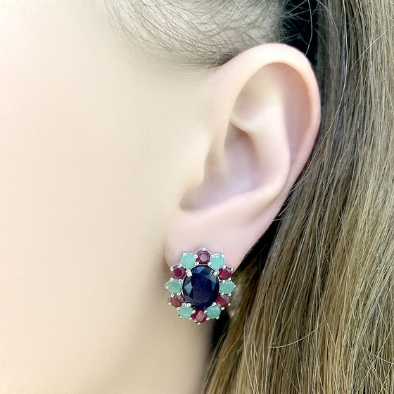 Серебряные серьги с сапфиром 11.277ct, изумрудом, рубином