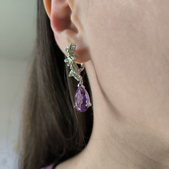 Серебряные серьги с аметистом, хризолітом
