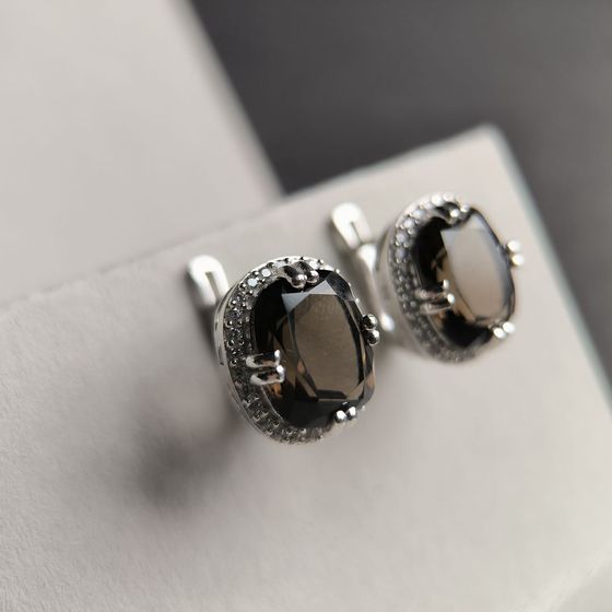 Серебряные серьги с раухтопазом (дымчатым кварцем) 10.34ct, фианитами