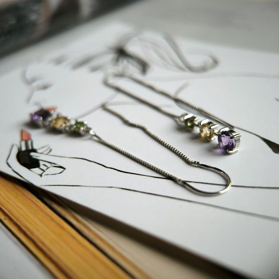 Серебряные серьги с аметистом 1.783ct, цитрином, хризолітом