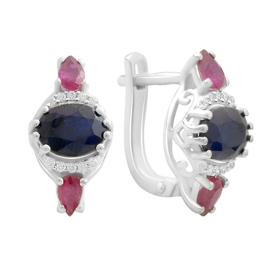 Серебряные серьги с сапфиром 4.337ct, рубином, фианитами