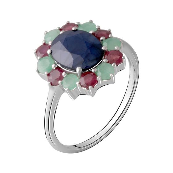 Серебряное кольцо с сапфиром 5.58ct, изумрудом, рубином