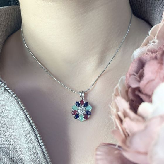 Серебряная подвеска с сапфиром 3.278ct, изумрудом, рубином