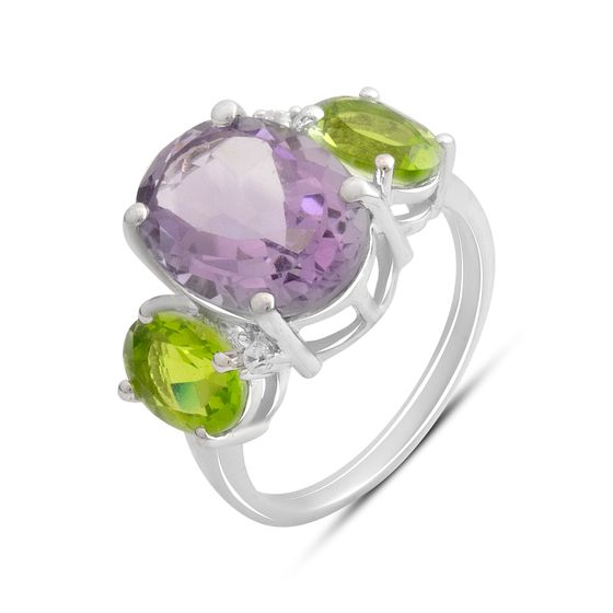 Серебряное кольцо с аметистом, хризолітом, фианитами