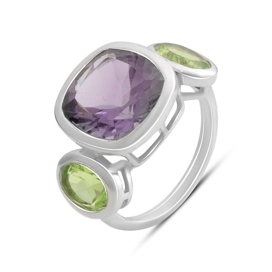Серебряное кольцо с аметистом, хризолітом