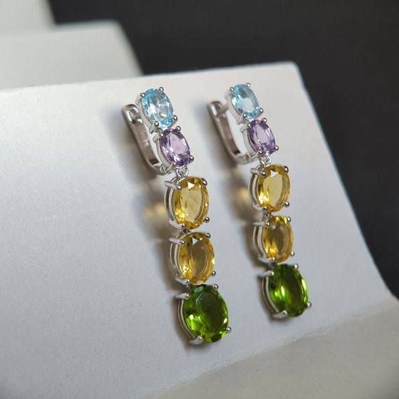 Серебряные серьги с аметистом, хризолітом, топазом, цитрином