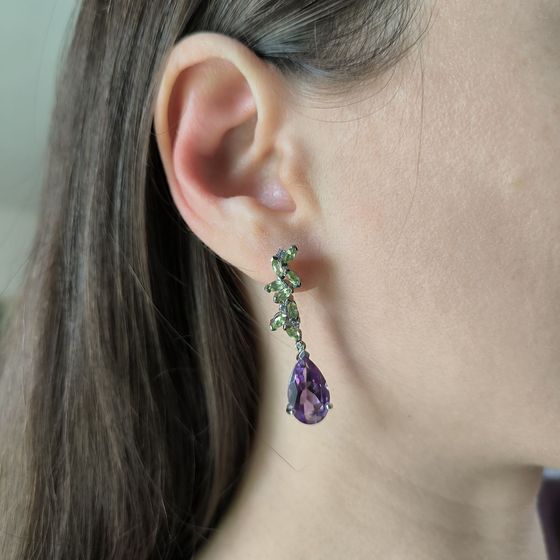 Серебряные серьги с аметистом, хризолітом