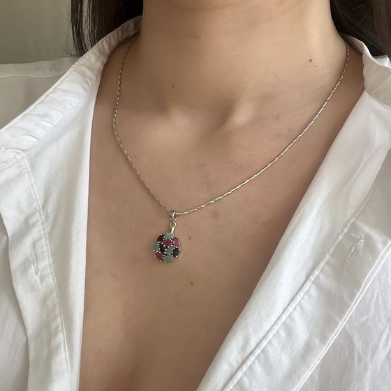 Серебряная подвеска с рубином 3.4ct, сапфиром, изумрудом