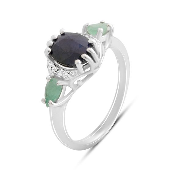 Серебряное кольцо с сапфиром 2.135ct, изумрудом, фианитами