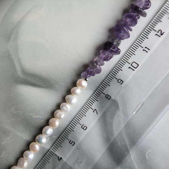 Серебряное колье с жемчугом барочным, аметистом