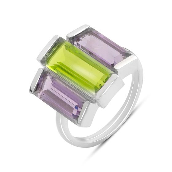 Серебряное кольцо с аметистом, хризолітом