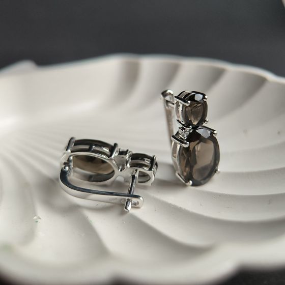 Серебряные серьги с раухтопазом (дымчатым кварцем) 12.581ct, фианитами