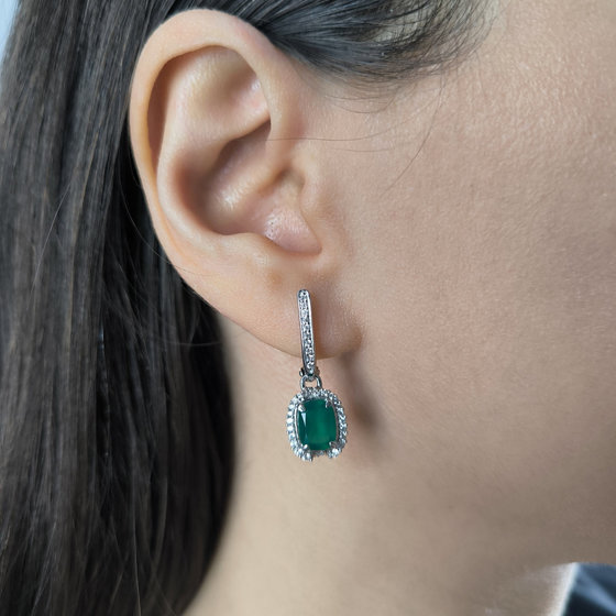 Серебряные серьги с агатом 3.132ct, фианитами