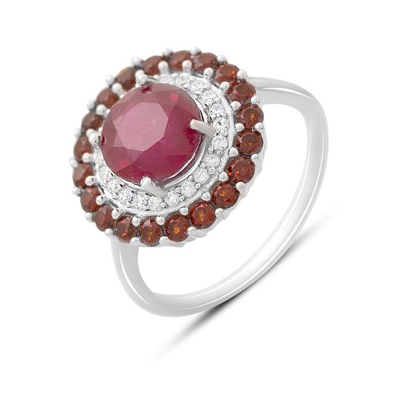 Серебряное кольцо с рубином, фианитами